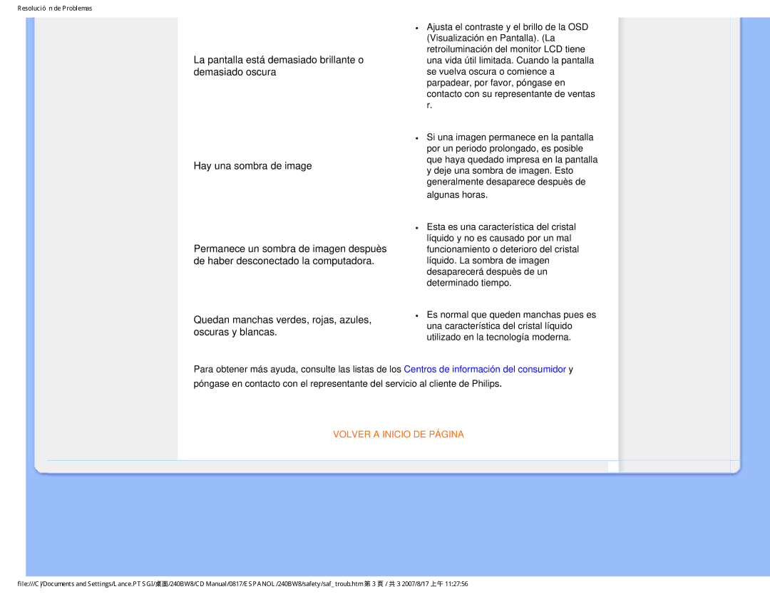 Philips 240BW8 user manual Quedan manchas verdes, rojas, azules, oscuras y blancas 