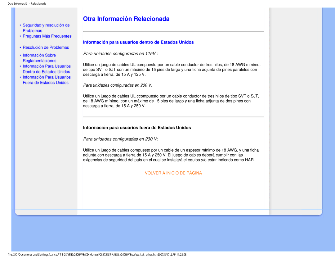 Philips 240BW8 user manual Otra Información Relacionada, Información para usuarios dentro de Estados Unidos 