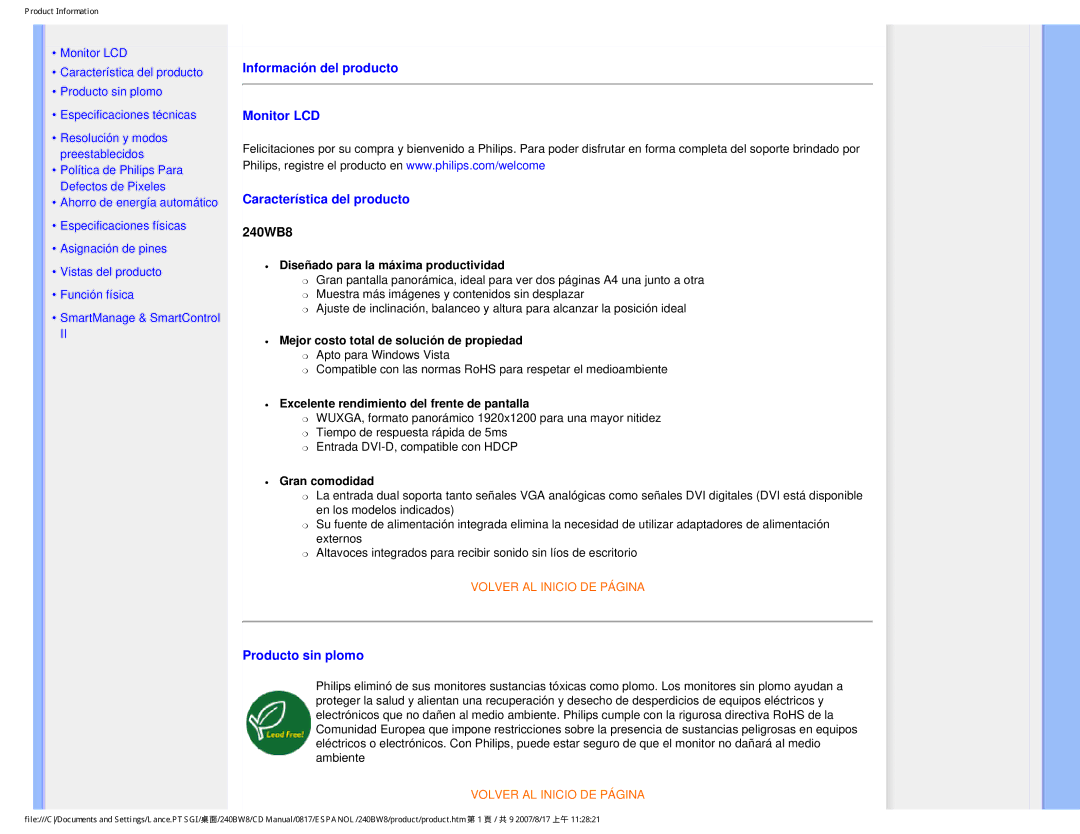 Philips 240BW8 user manual 240WB8, Producto sin plomo 