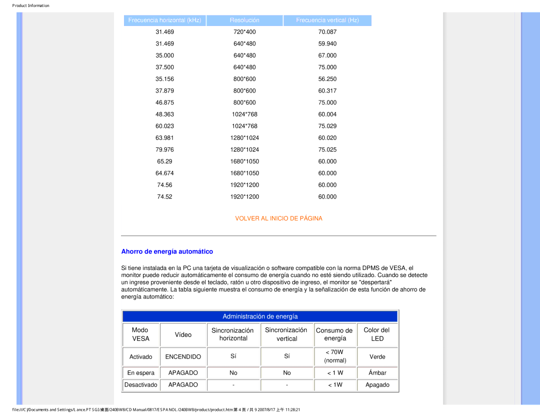 Philips 240BW8 user manual Ahorro de energía automático, Frecuencia horizontal kHz Resolución Frecuencia vertical Hz 