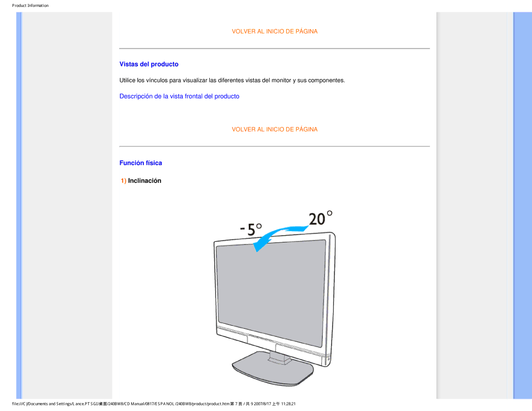 Philips 240BW8 user manual Vistas del producto, Función física, Inclinación 