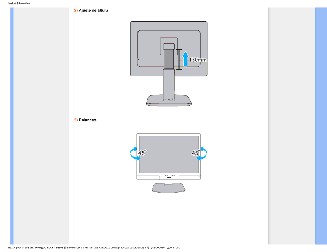 Philips 240BW8 user manual Ajuste de altura Balanceo 