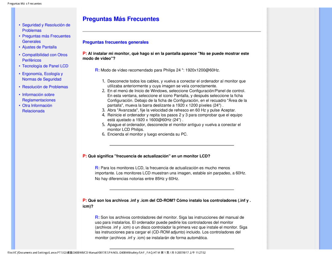 Philips 240BW8 user manual Preguntas Más Frecuentes, Preguntas frecuentes generales 