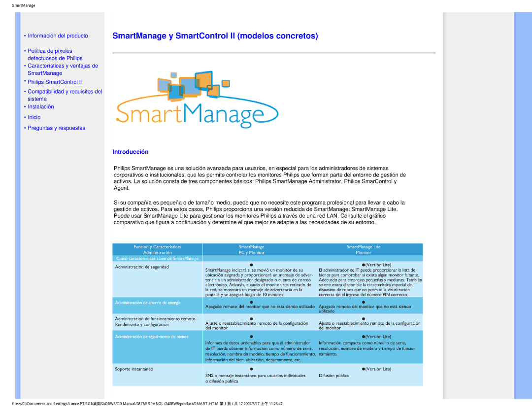 Philips 240BW8 user manual SmartManage y SmartControl II modelos concretos 