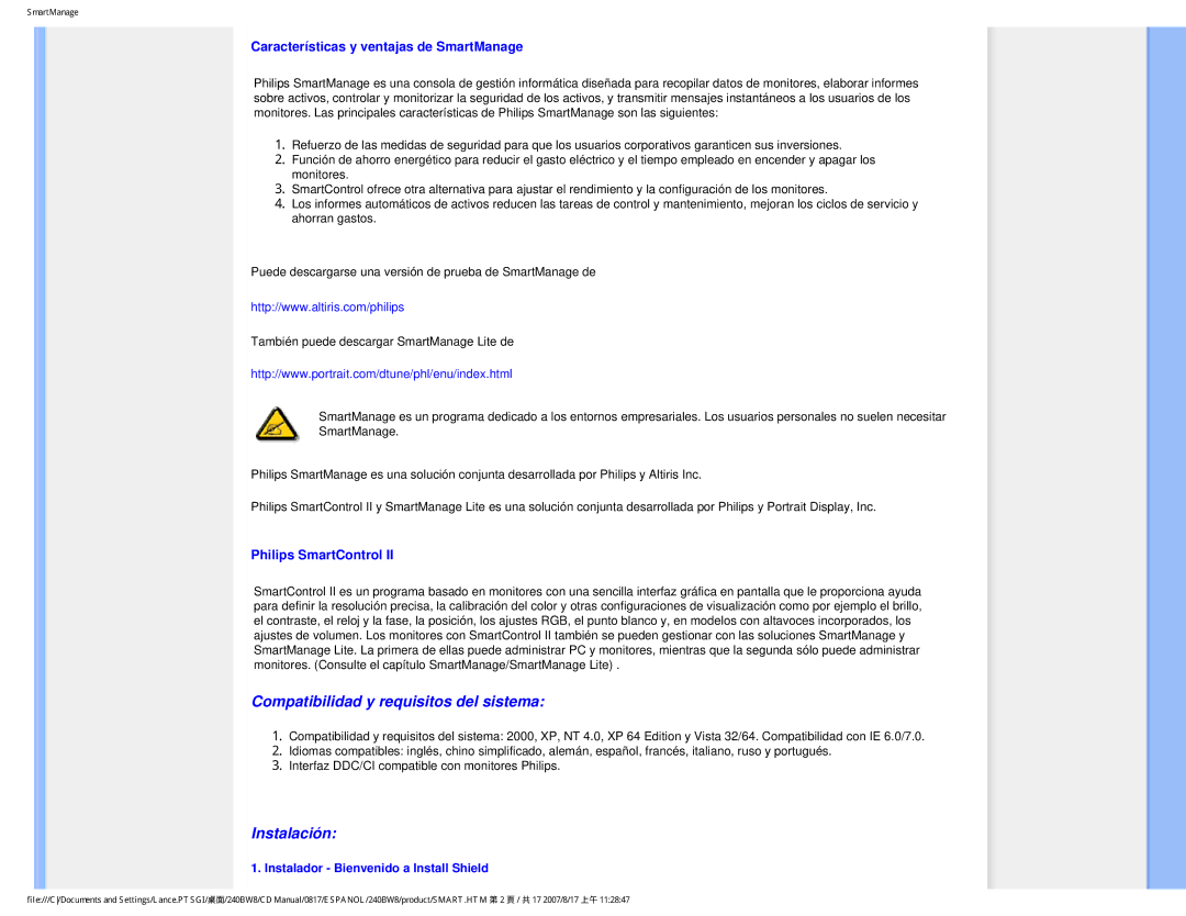 Philips 240BW8 user manual Características y ventajas de SmartManage, Instalador Bienvenido a Install Shield 