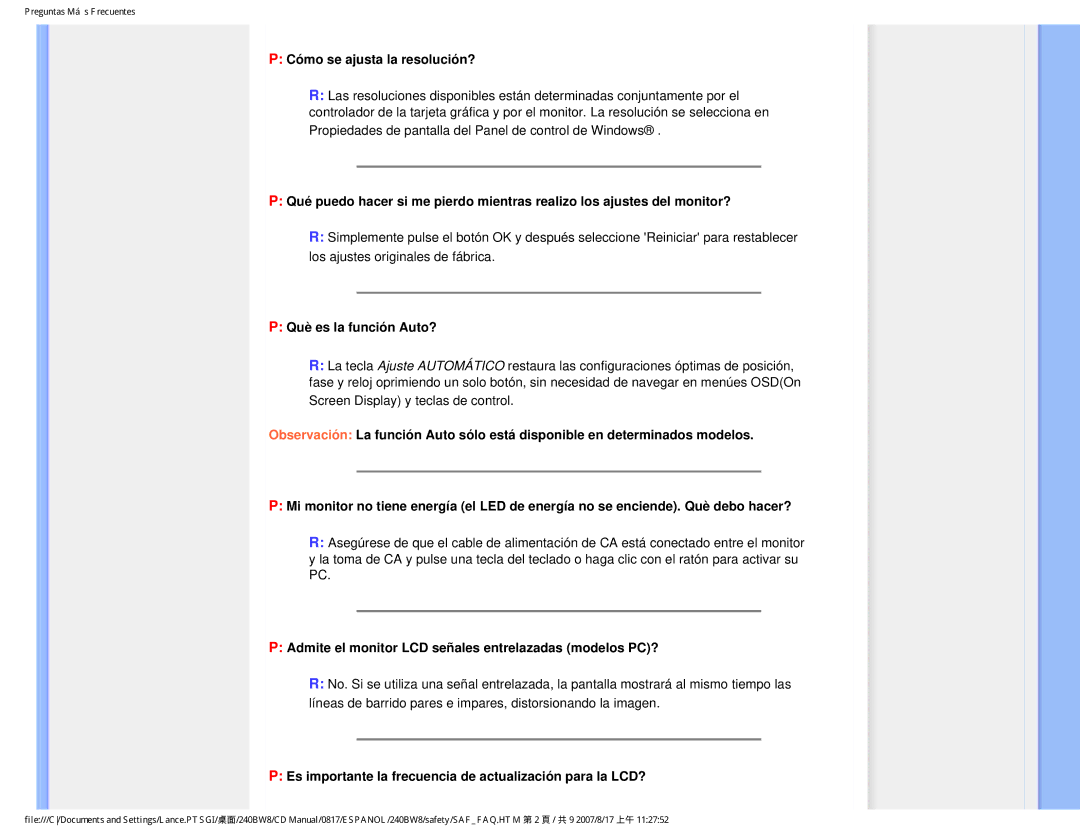 Philips 240BW8 user manual Cómo se ajusta la resolución?, Què es la función Auto? 