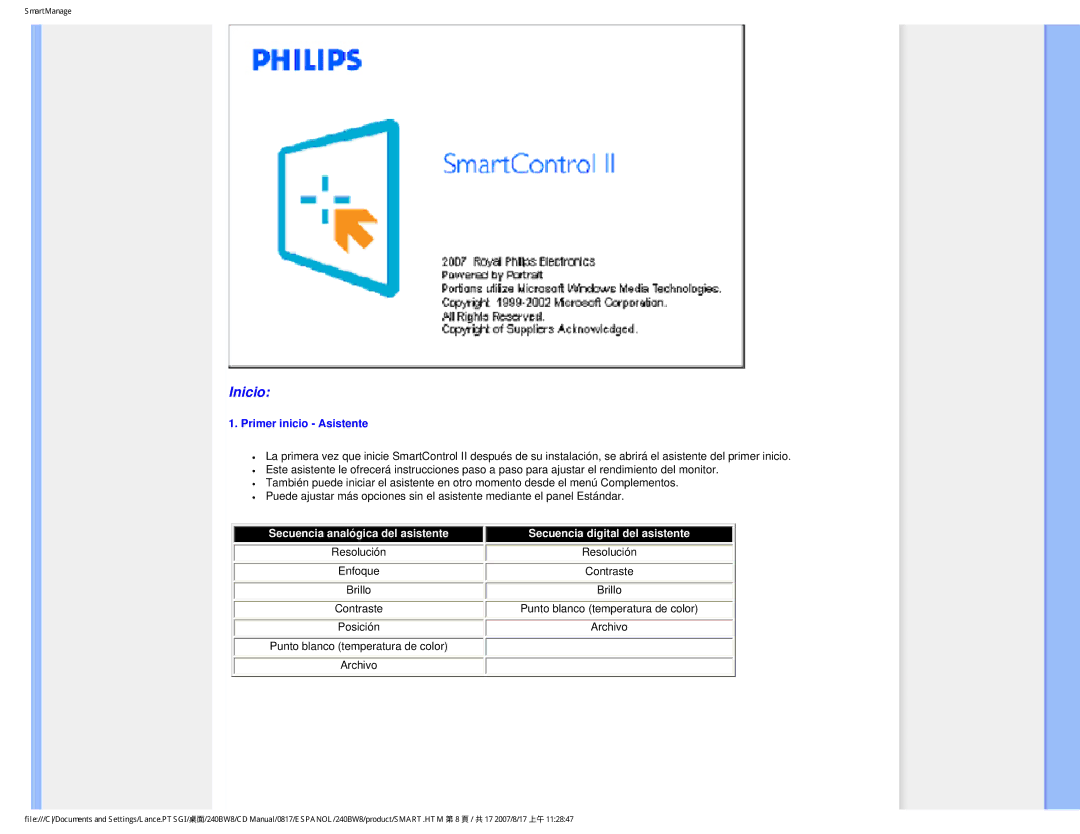 Philips 240BW8 user manual Inicio, Primer inicio Asistente 