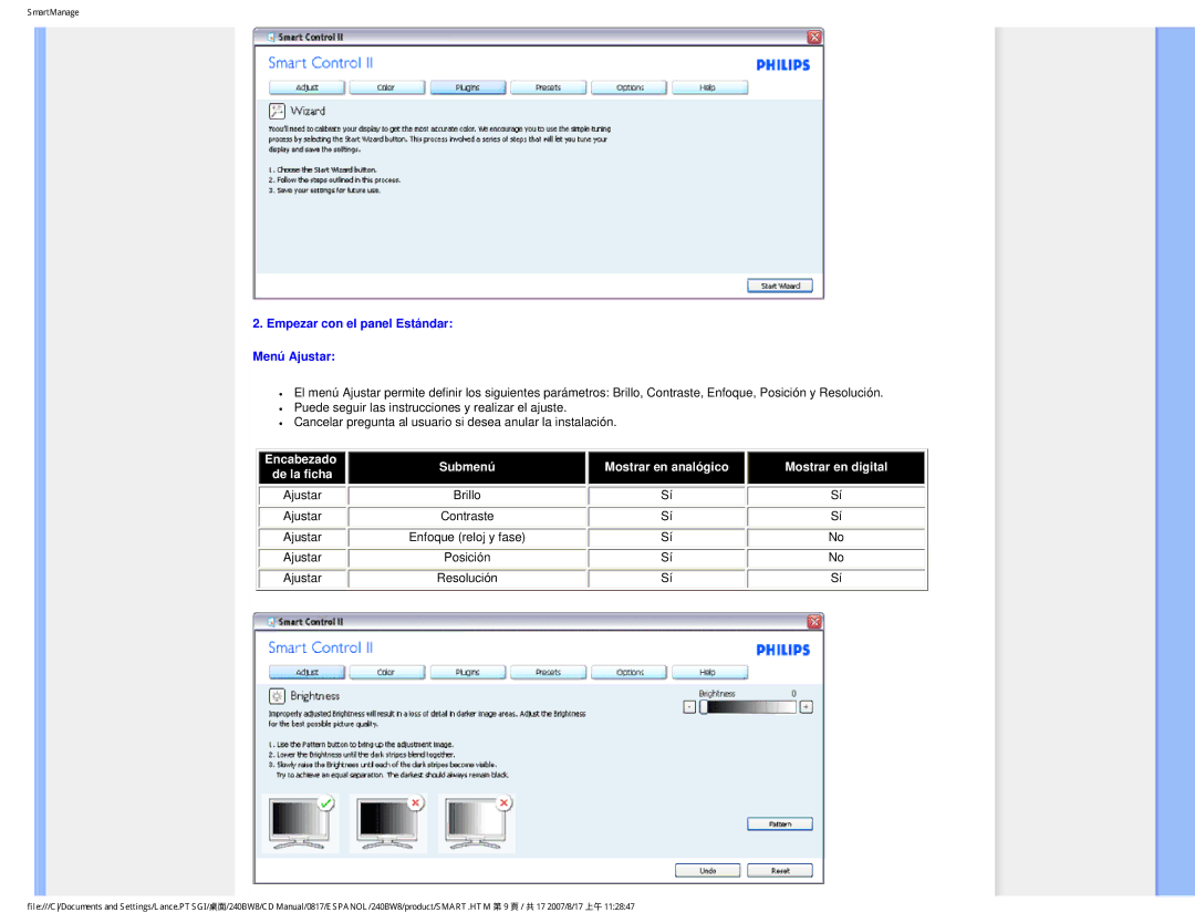 Philips 240BW8 user manual Empezar con el panel Estándar Menú Ajustar, Resolución 