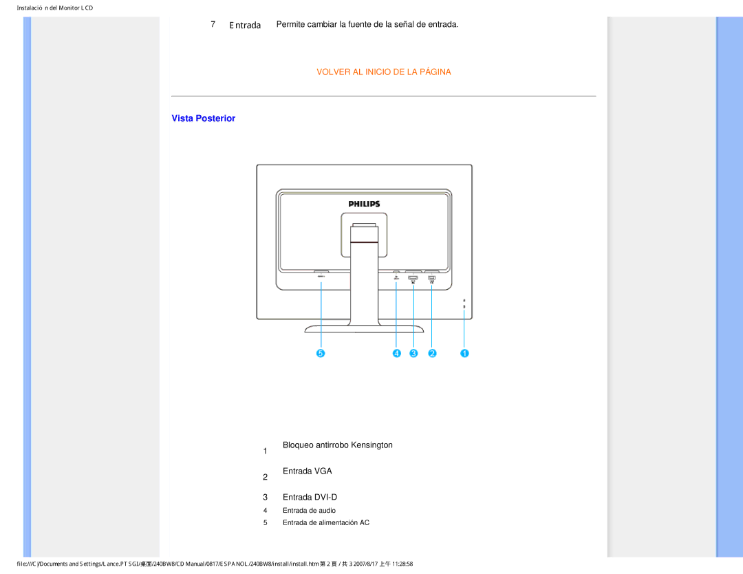 Philips 240BW8 user manual Vista Posterior, Entrada DVI-D 