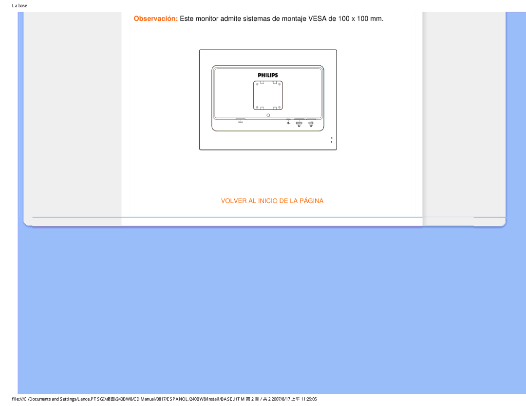 Philips 240BW8 user manual Volver AL Inicio DE LA Página 