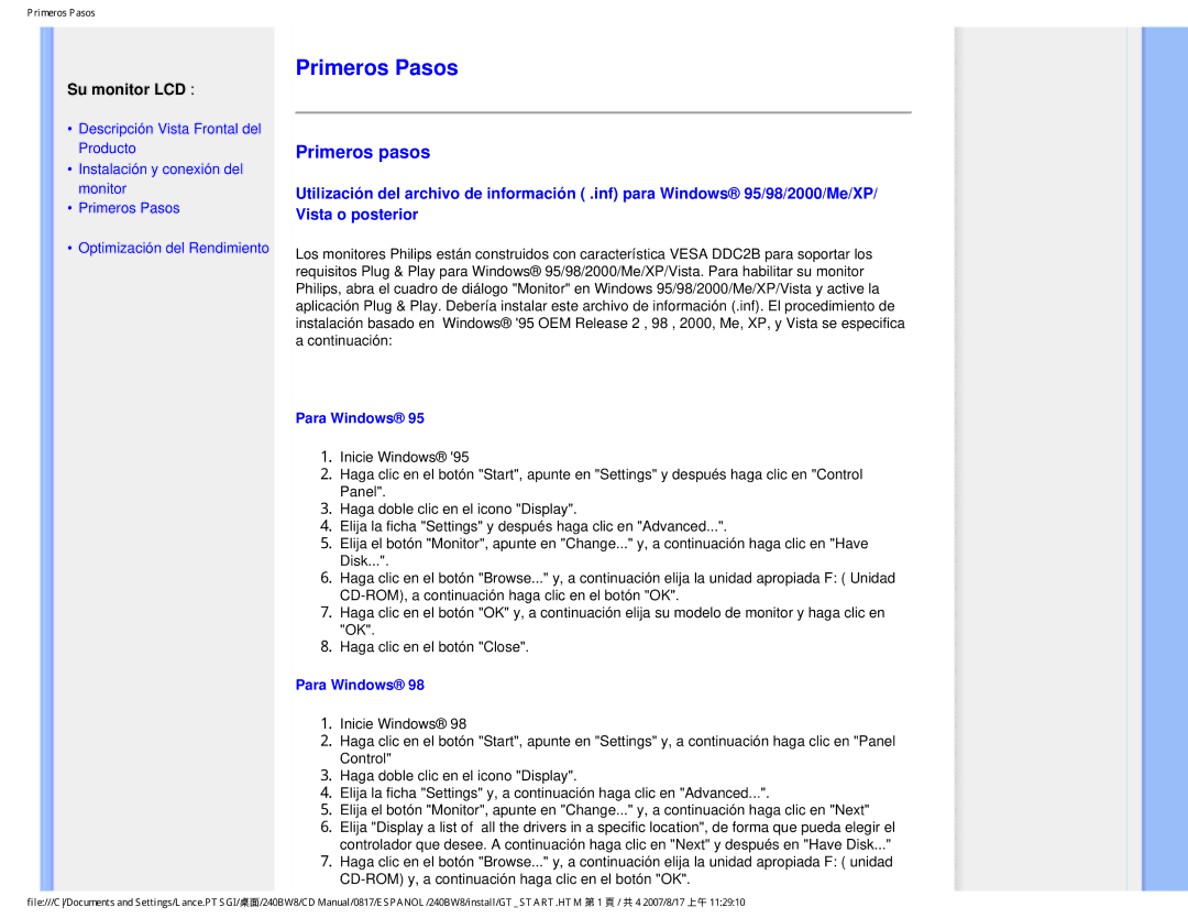 Philips 240BW8 user manual Primeros Pasos, Para Windows 