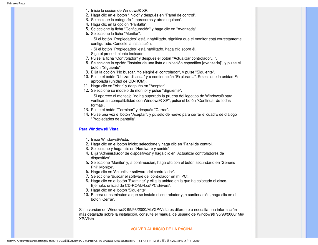 Philips 240BW8 user manual Para Windows Vista 