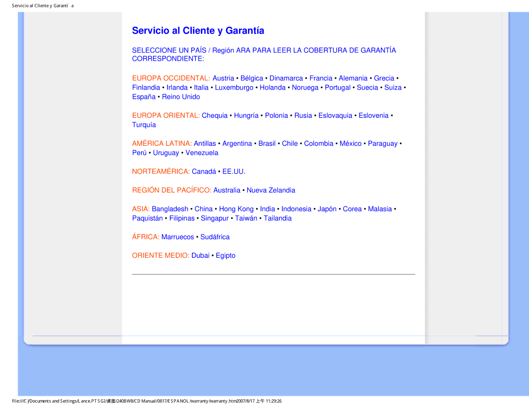 Philips 240BW8 user manual Servicio al Cliente y Garantía, Correspondiente 