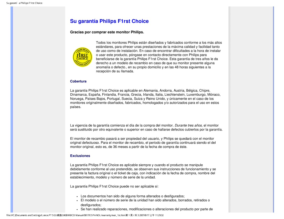 Philips 240BW8 user manual Su garantía Philips F1rst Choice, Gracias por comprar este monitor Philips 