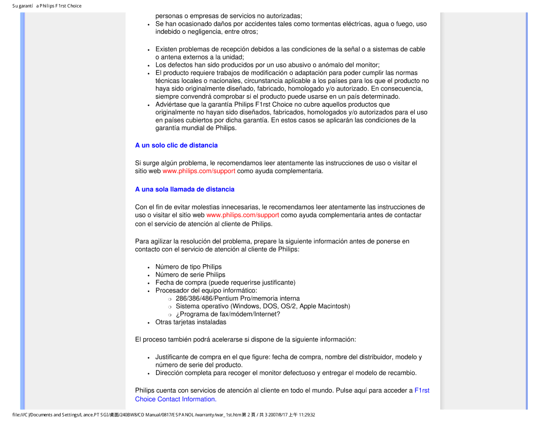Philips 240BW8 user manual Un solo clic de distancia Una sola llamada de distancia, Choice Contact Information 