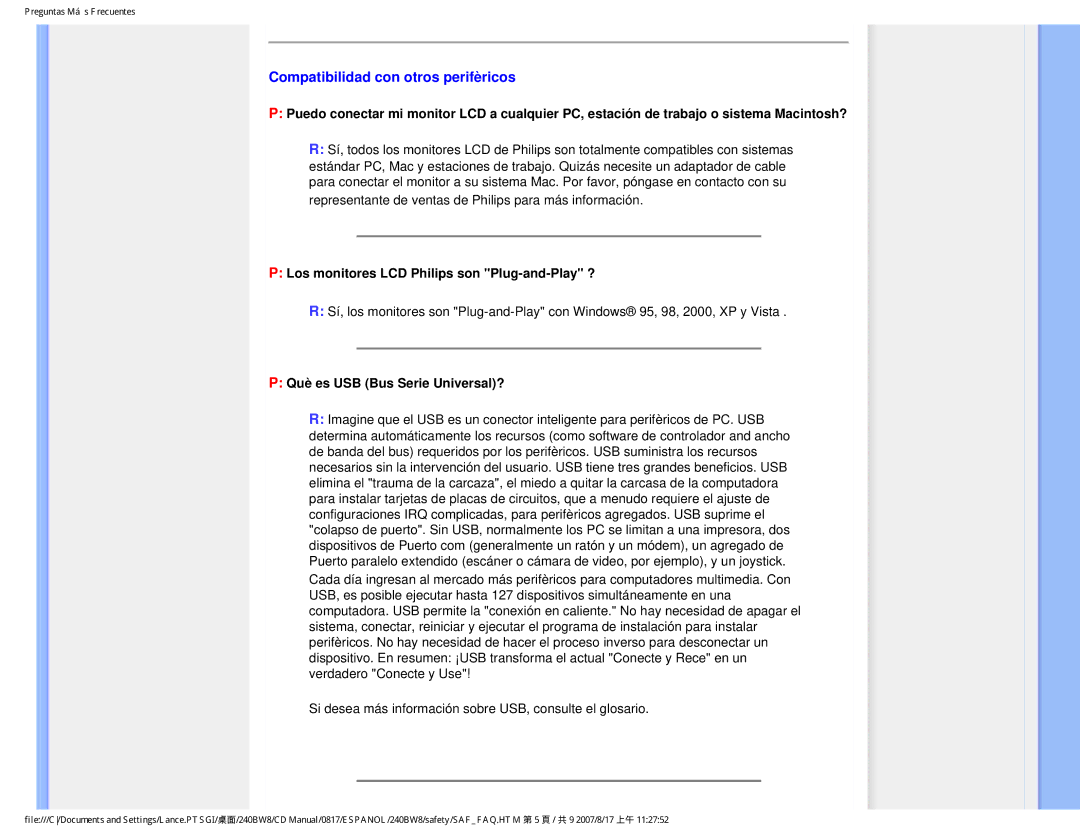 Philips 240BW8 user manual Compatibilidad con otros perifèricos, Los monitores LCD Philips son Plug-and-Play ? 