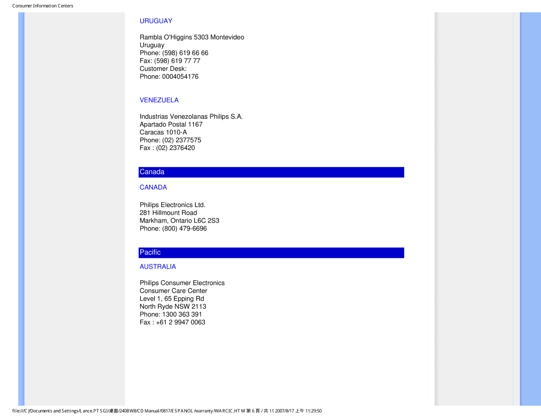 Philips 240BW8 user manual Uruguay, Venezuela, Canada, Australia 