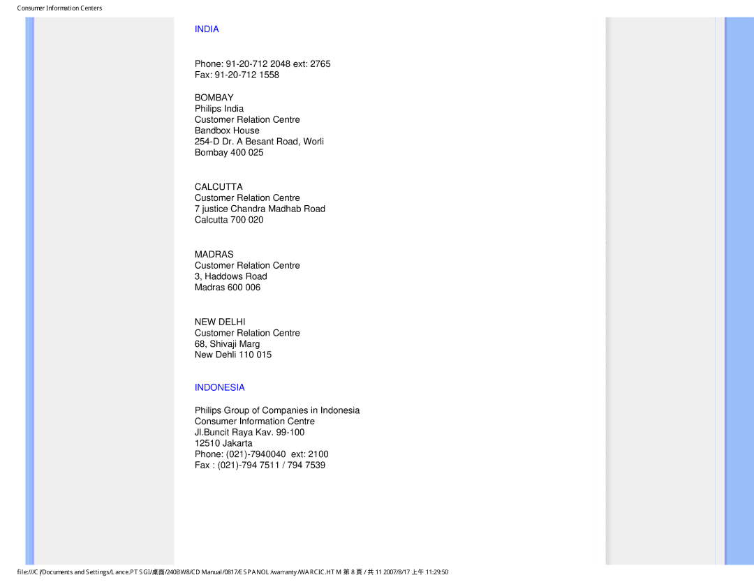 Philips 240BW8 user manual India, Indonesia 