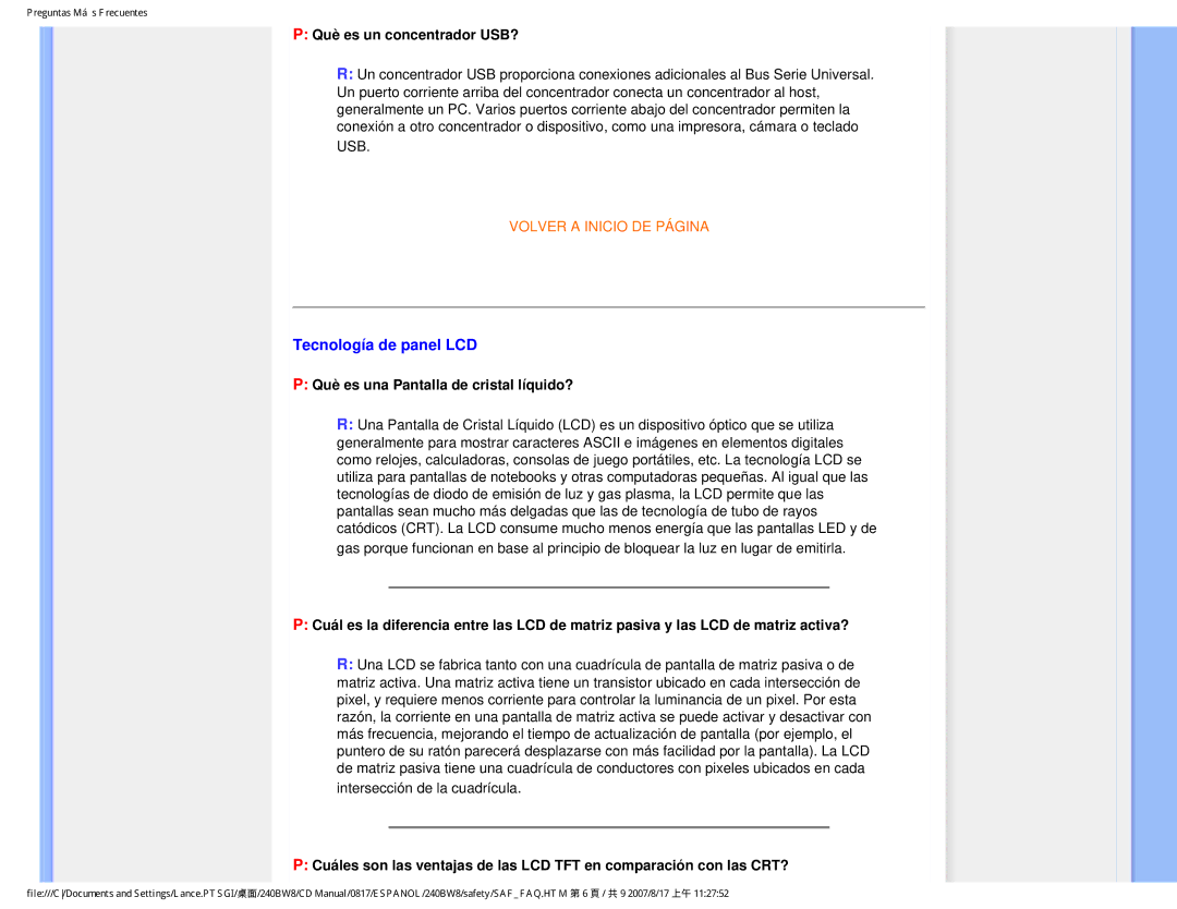 Philips 240BW8 user manual Tecnología de panel LCD, Què es un concentrador USB?, Què es una Pantalla de cristal líquido? 