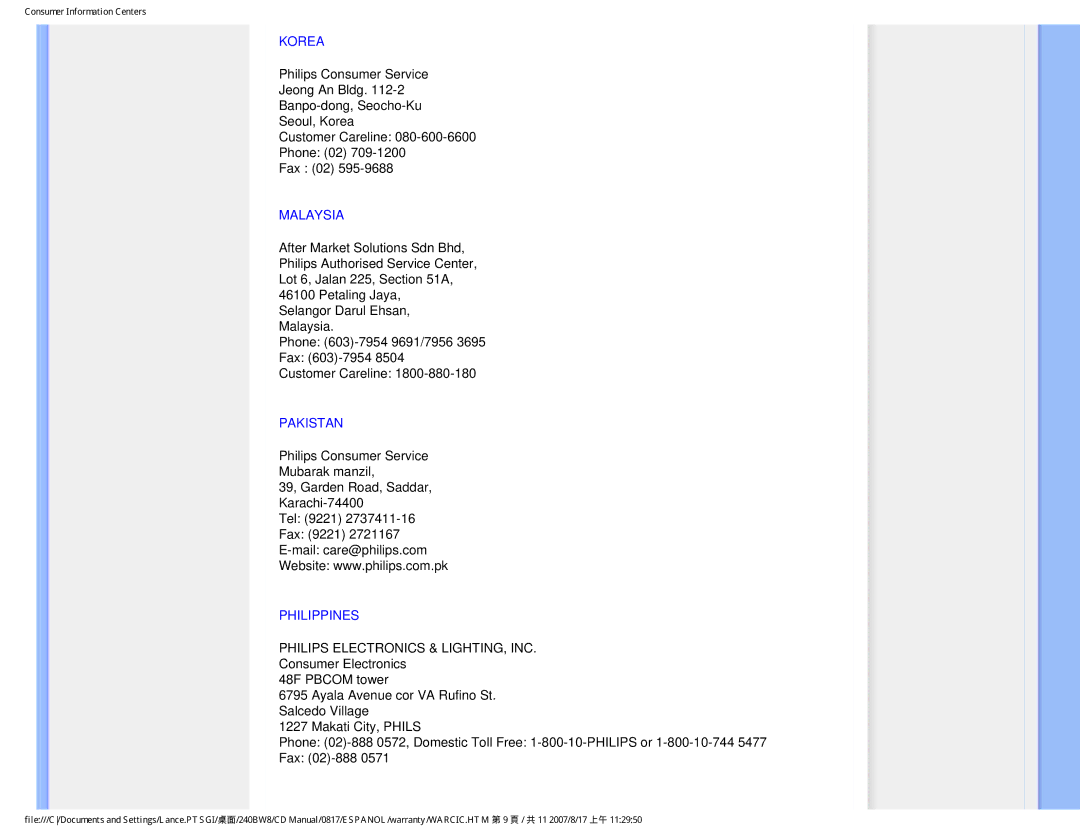 Philips 240BW8 user manual Korea, Malaysia, Pakistan, Philippines 