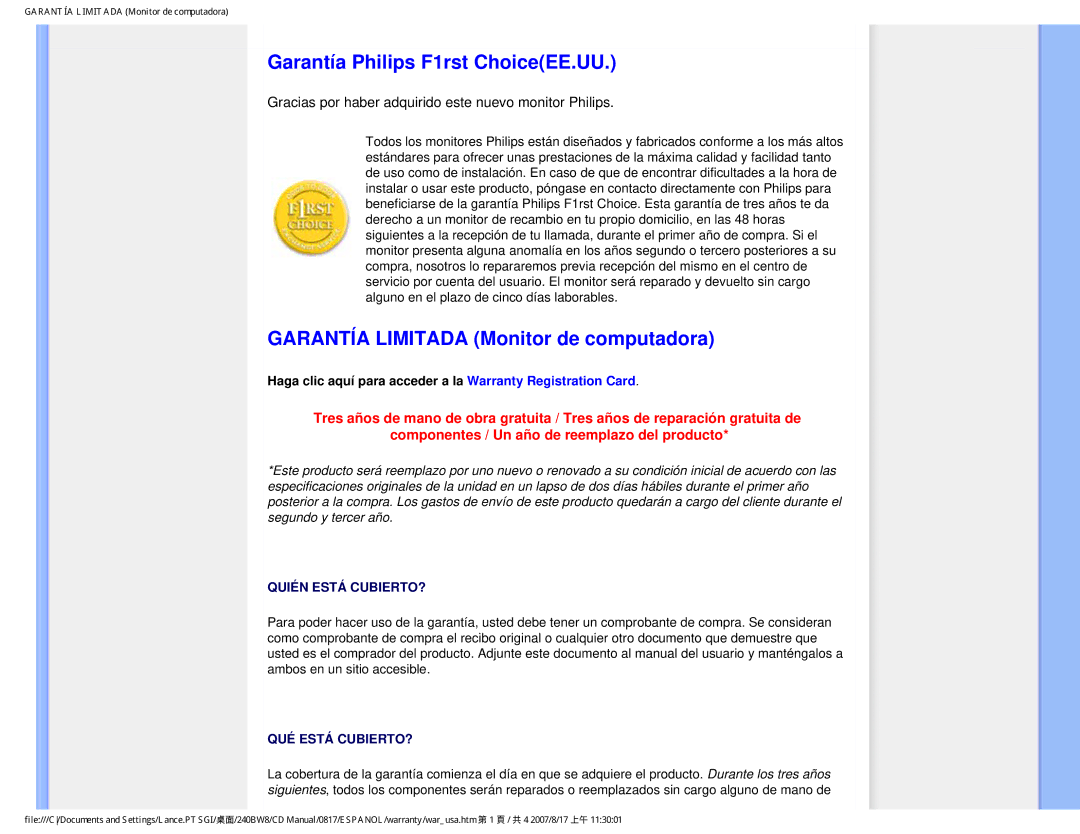 Philips 240BW8 user manual Garantía Philips F1rst ChoiceEE.UU, Garantía Limitada Monitor de computadora 