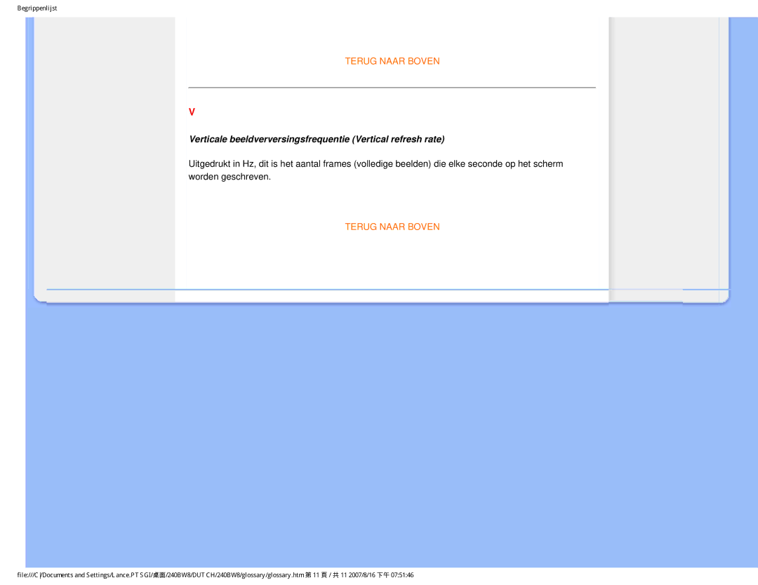 Philips 240BW8 user manual Verticale beeldverversingsfrequentie Vertical refresh rate 