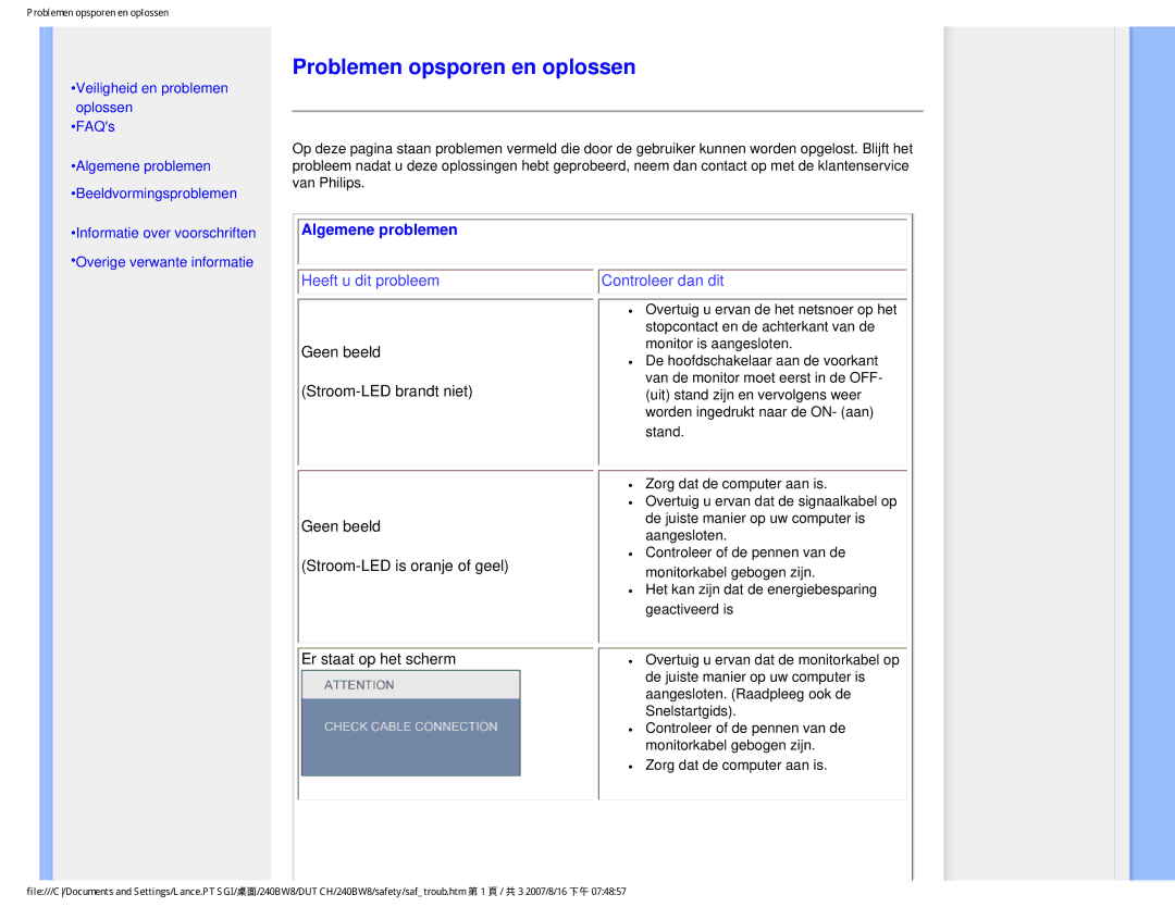 Philips 240BW8 user manual Problemen opsporen en oplossen, Algemene problemen 