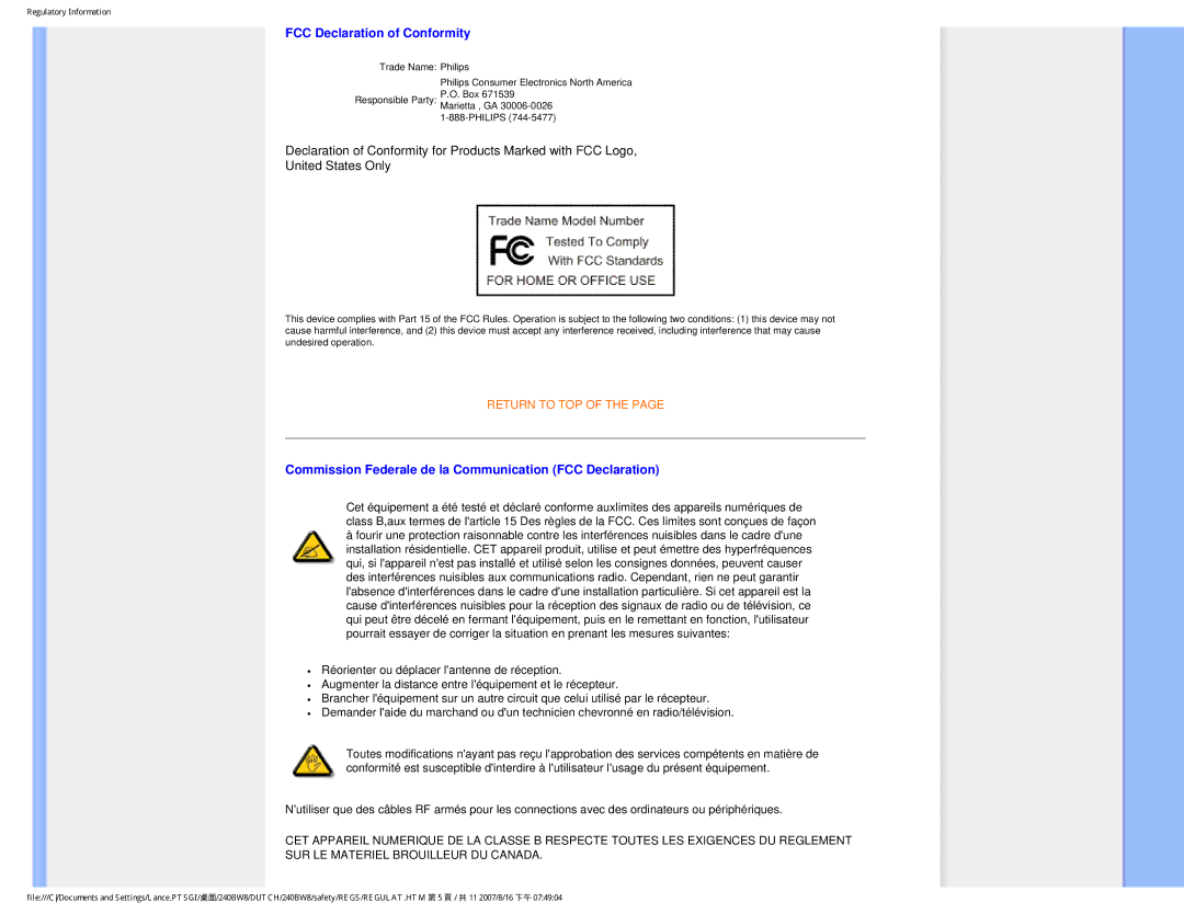 Philips 240BW8 user manual FCC Declaration of Conformity, Commission Federale de la Communication FCC Declaration 