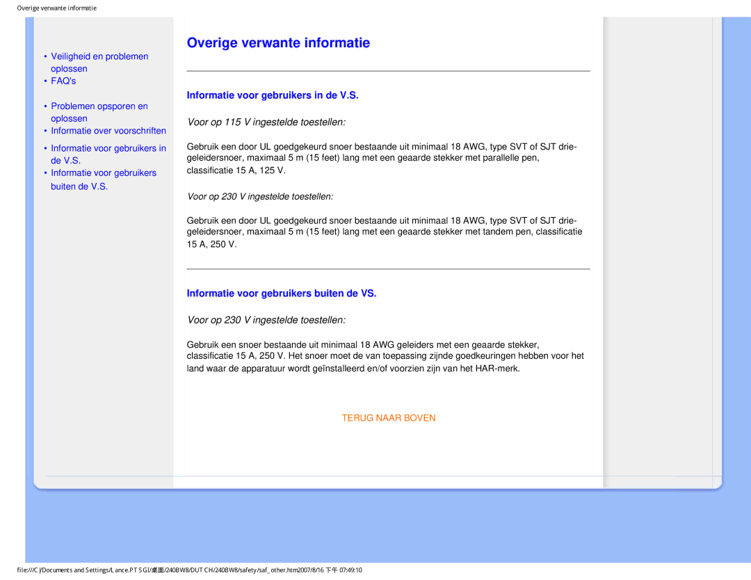 Philips 240BW8 Overige verwante informatie, Informatie voor gebruikers in de V.S, Informatie voor gebruikers buiten de VS 