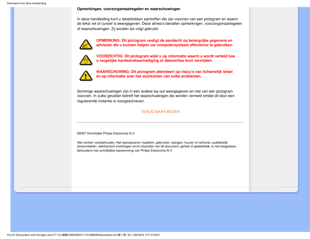 Philips 240BW8 user manual Opmerkingen, voorzorgsmaatregelen en waarschuwingen, Koninklijke Philips Electronics N.V 