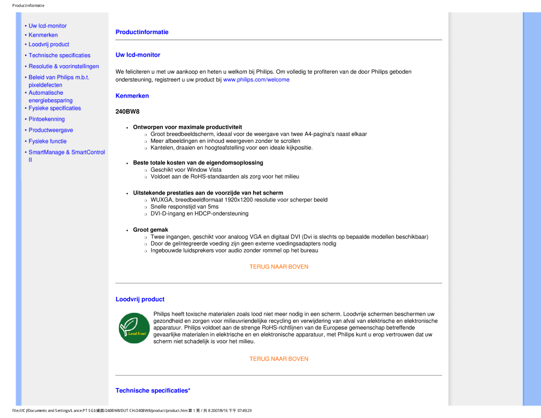 Philips 240BW8 user manual Productinformatie Uw lcd-monitor Kenmerken 
