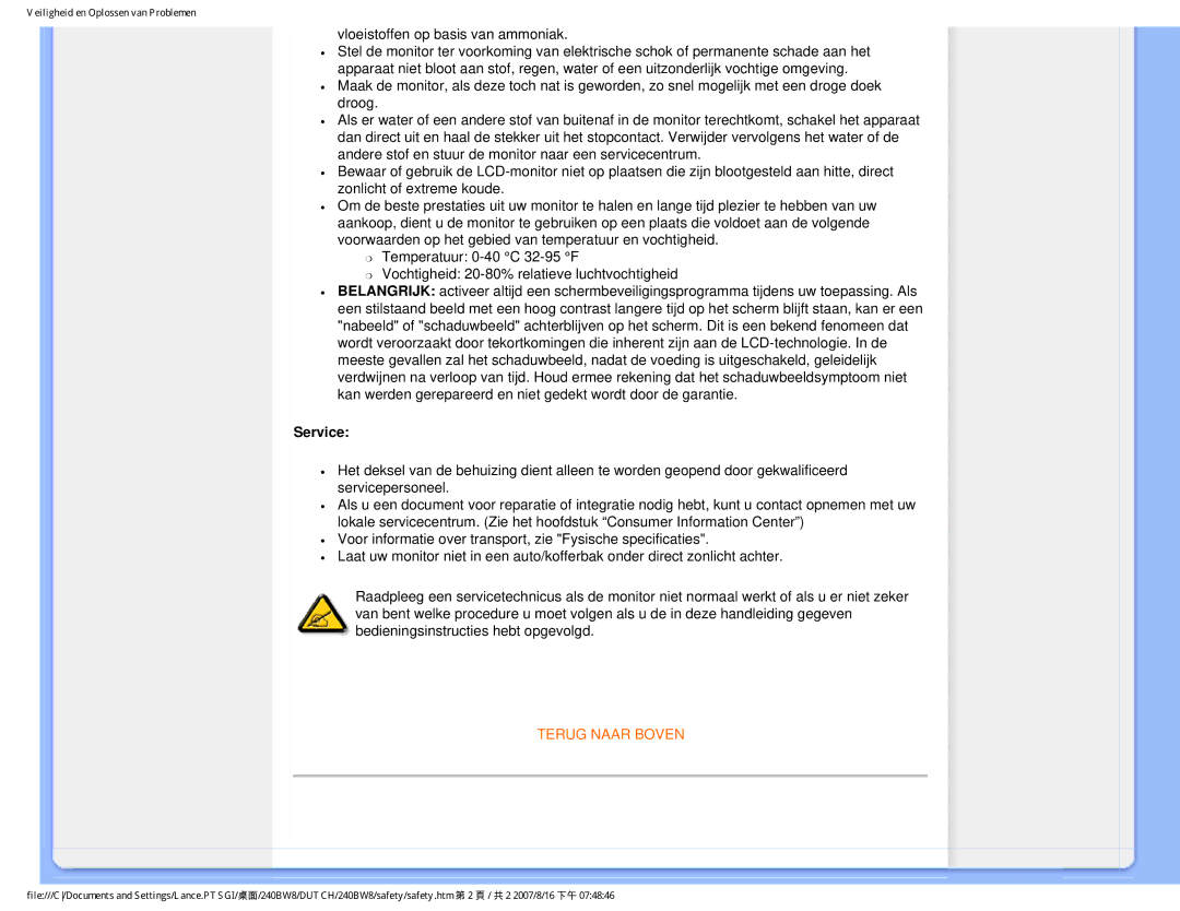 Philips 240BW8 user manual Vloeistoffen op basis van ammoniak, Service 