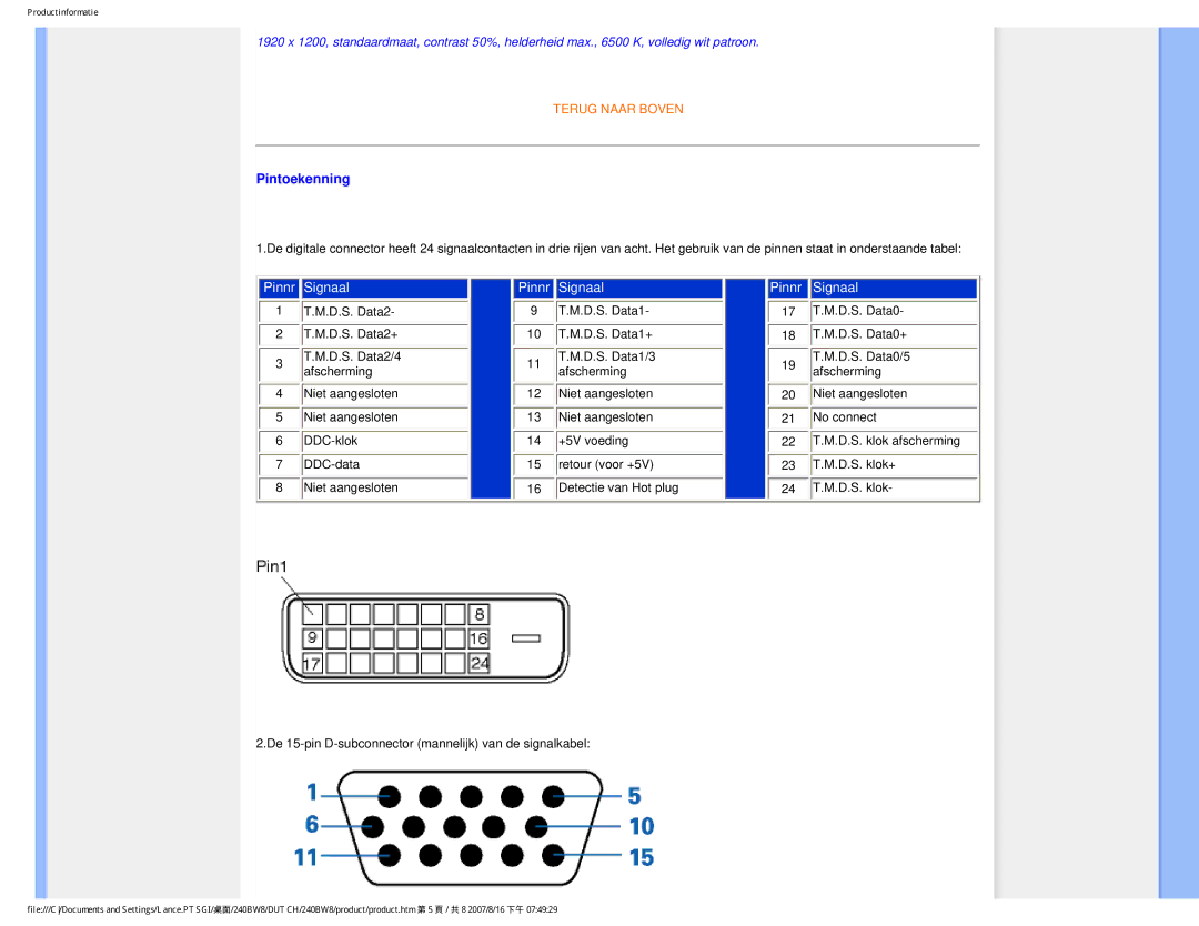 Philips 240BW8 user manual Pintoekenning 