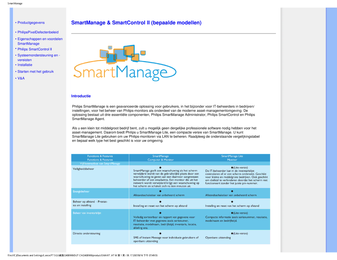 Philips 240BW8 user manual SmartManage & SmartControl II bepaalde modellen 