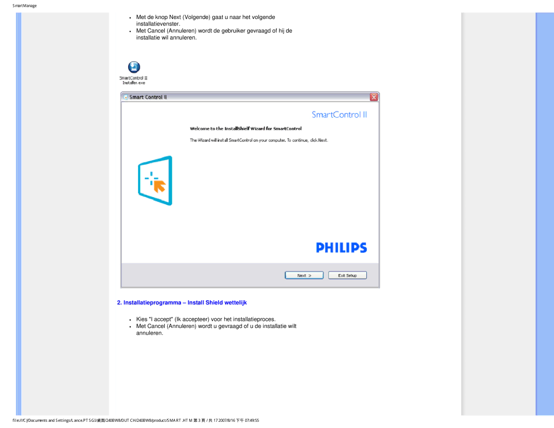Philips 240BW8 user manual Installatieprogramma Install Shield wettelijk 