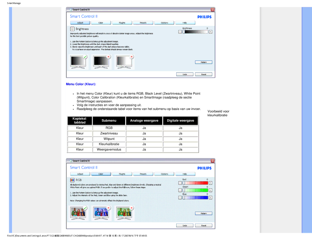 Philips 240BW8 user manual Menu Color Kleur, Rgb 