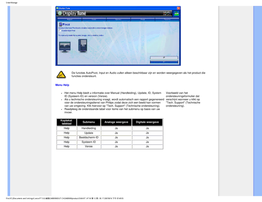 Philips 240BW8 user manual Menu Help, Help Handleiding Update Beeldscherm-ID Systeem-ID 