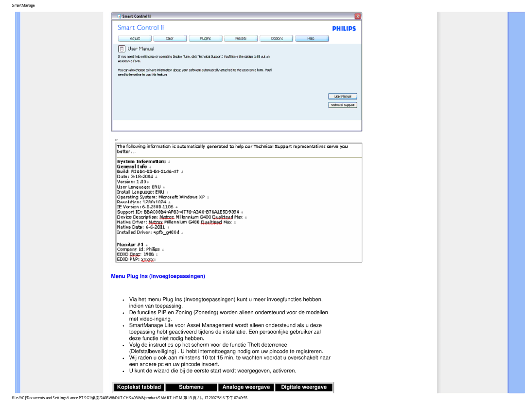 Philips 240BW8 user manual Menu Plug Ins Invoegtoepassingen, Koptekst tabblad Submenu Analoge weergave Digitale weergave 