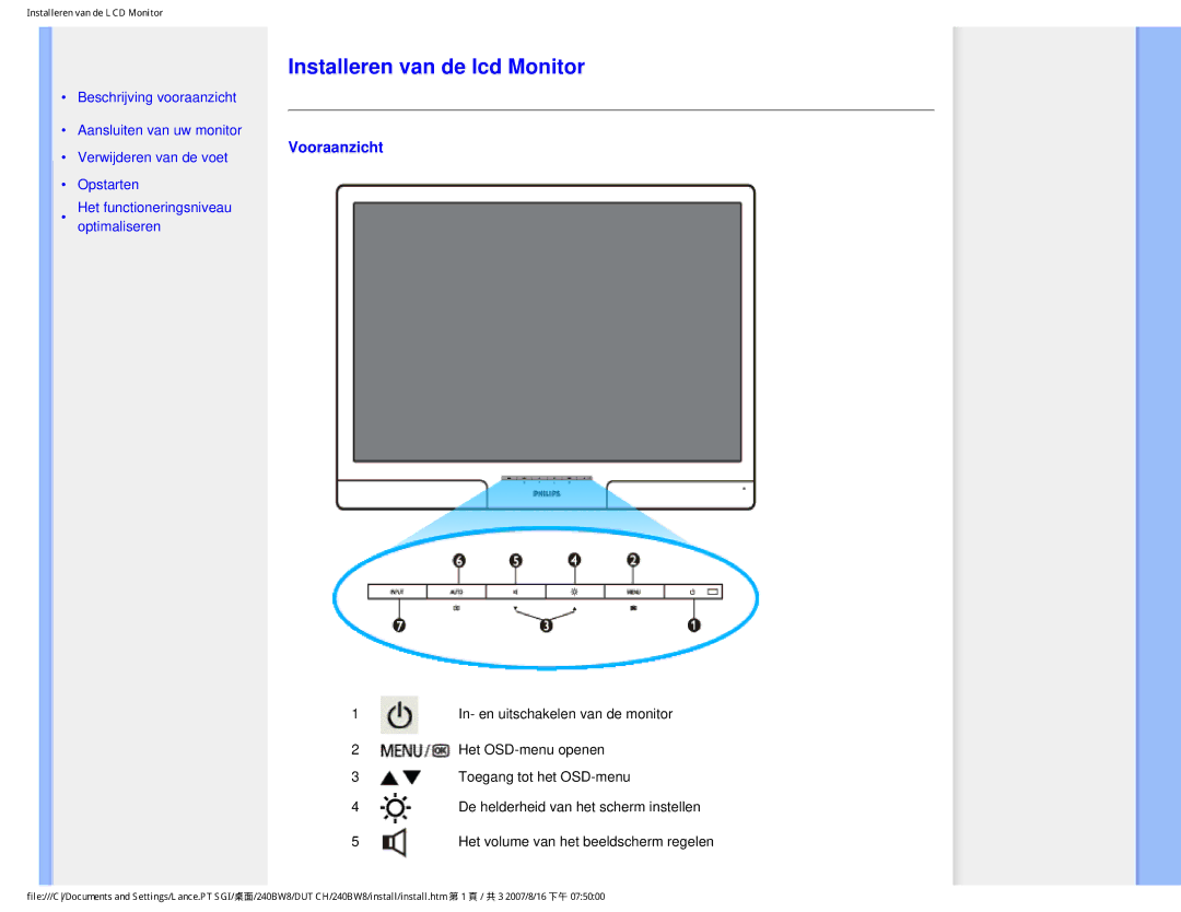 Philips 240BW8 user manual Installeren van de lcd Monitor, Vooraanzicht 