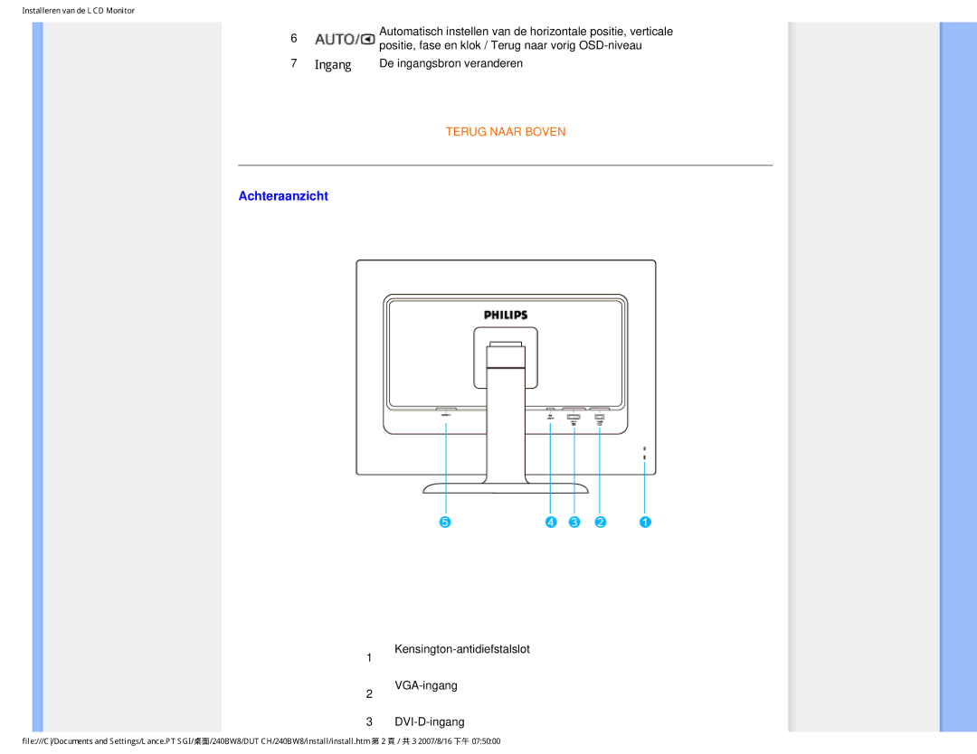 Philips 240BW8 user manual Achteraanzicht, Kensington-antidiefstalslot VGA-ingang DVI-D-ingang 