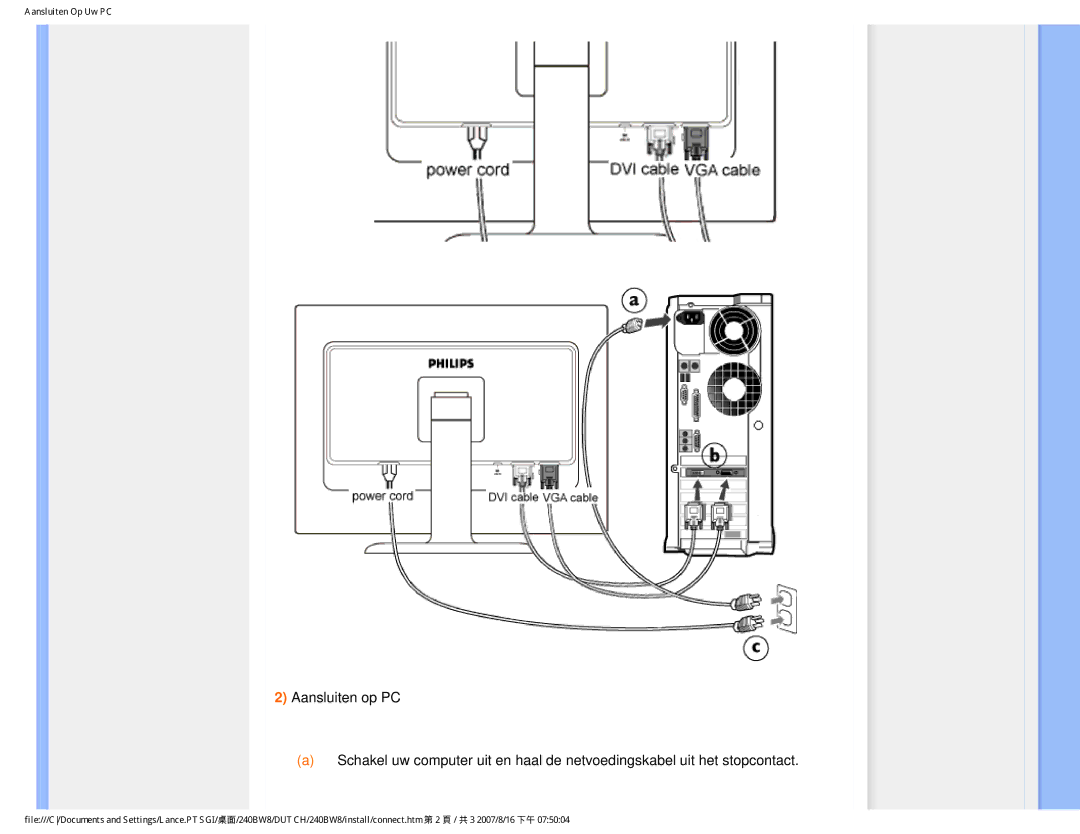 Philips 240BW8 user manual Aansluiten Op Uw PC 