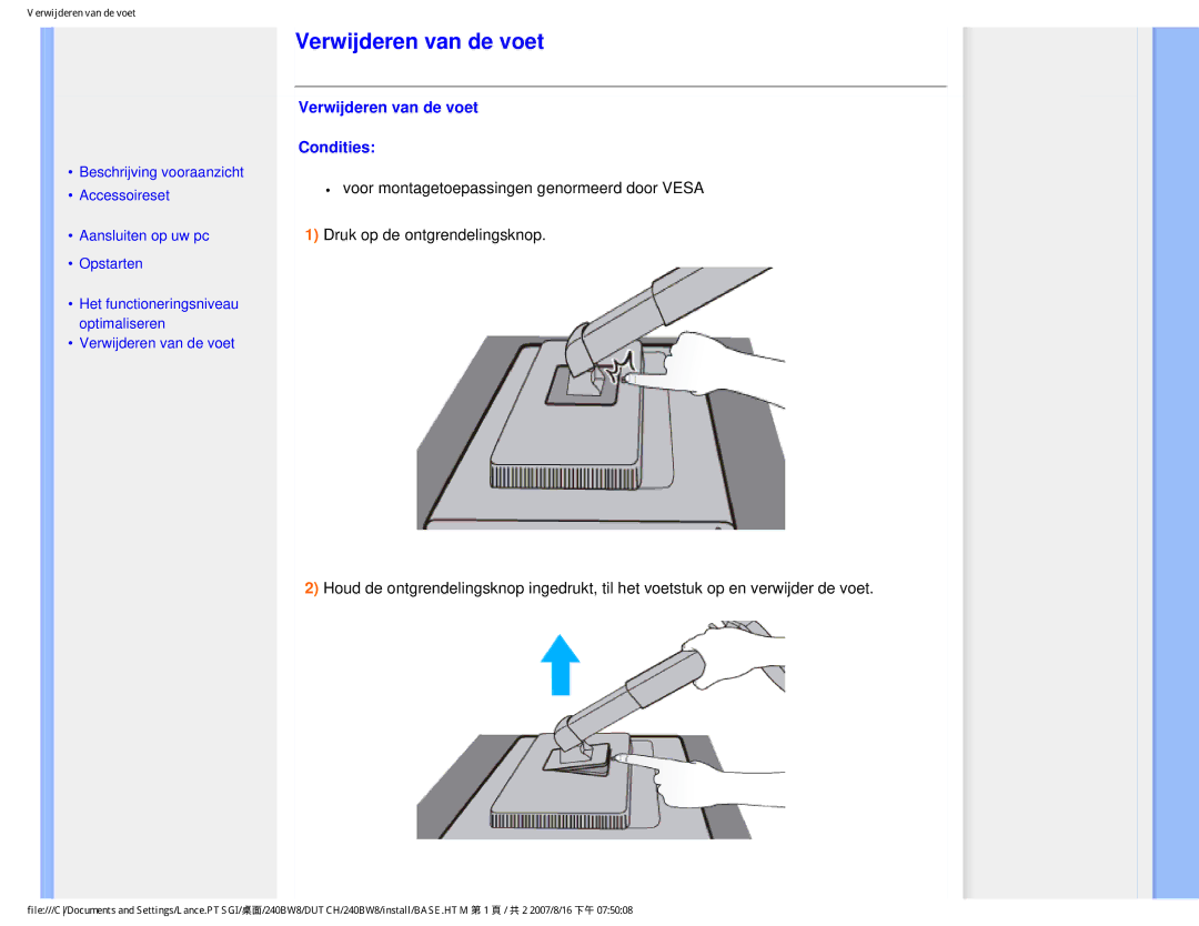 Philips 240BW8 user manual Verwijderen van de voet Condities 