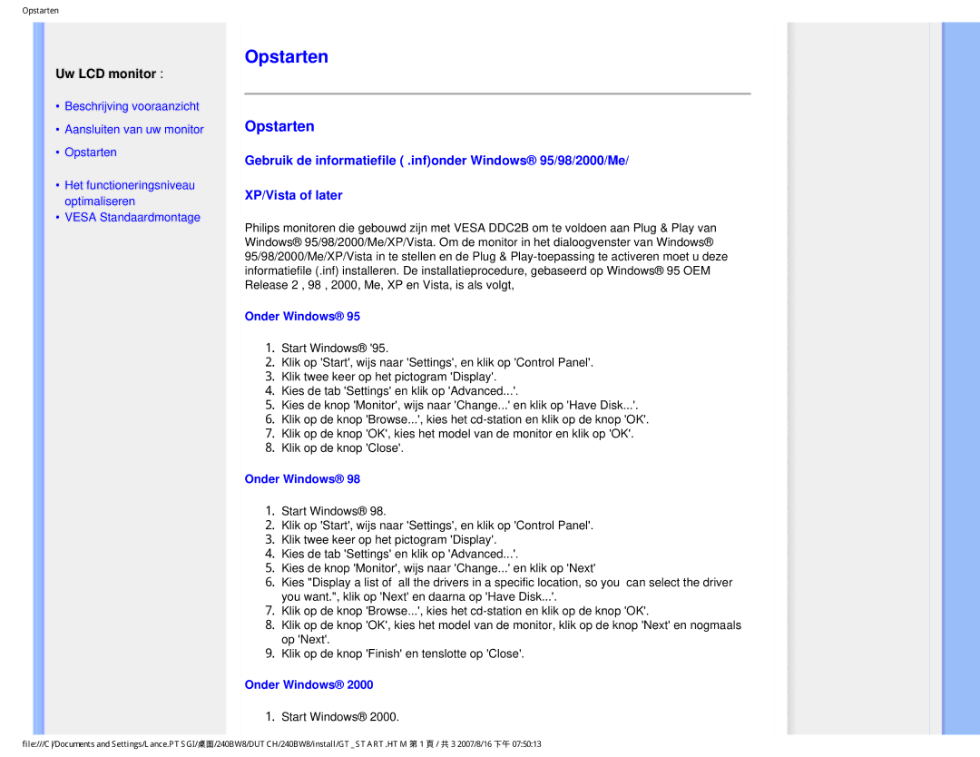 Philips 240BW8 user manual Opstarten, Start Windows 