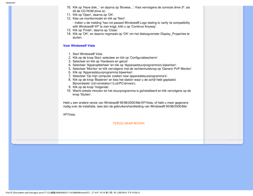 Philips 240BW8 user manual Voor Windows Vista 