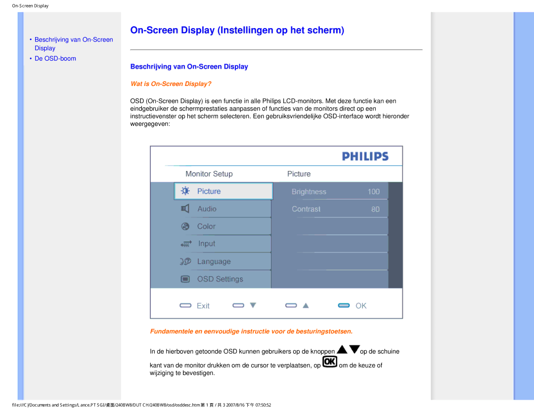 Philips 240BW8 user manual On-Screen Display Instellingen op het scherm, Beschrijving van On-Screen Display 