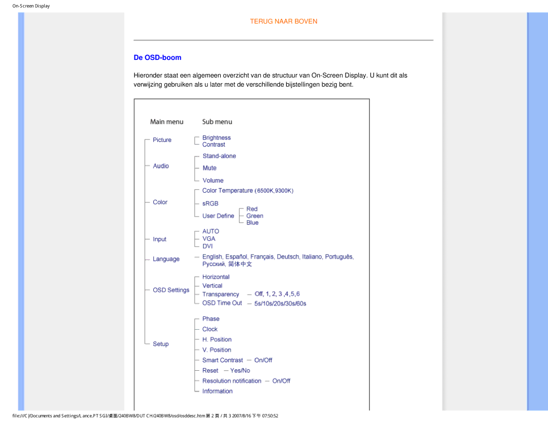 Philips 240BW8 user manual De OSD-boom 