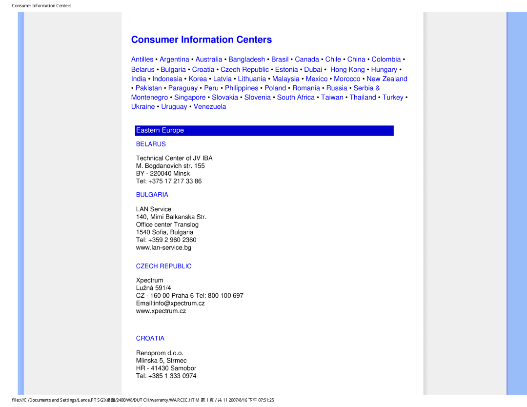 Philips 240BW8 user manual Consumer Information Centers, Belarus, Bulgaria, Czech Republic, Croatia 
