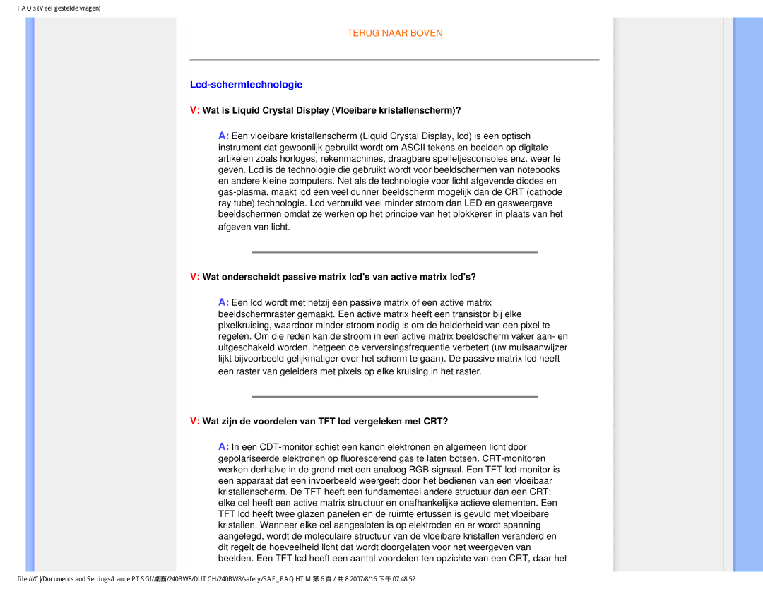 Philips 240BW8 user manual Lcd-schermtechnologie, Wat is Liquid Crystal Display Vloeibare kristallenscherm? 