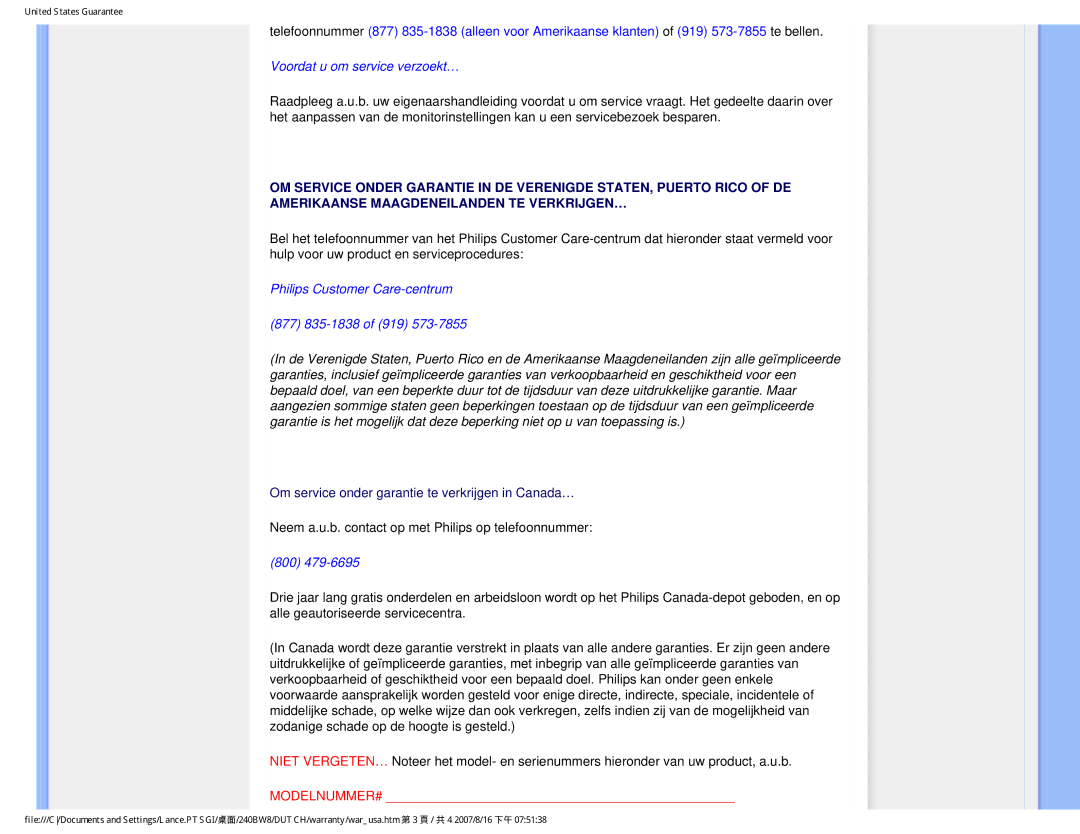 Philips 240BW8 user manual Voordat u om service verzoekt…, Neem a.u.b. contact op met Philips op telefoonnummer 
