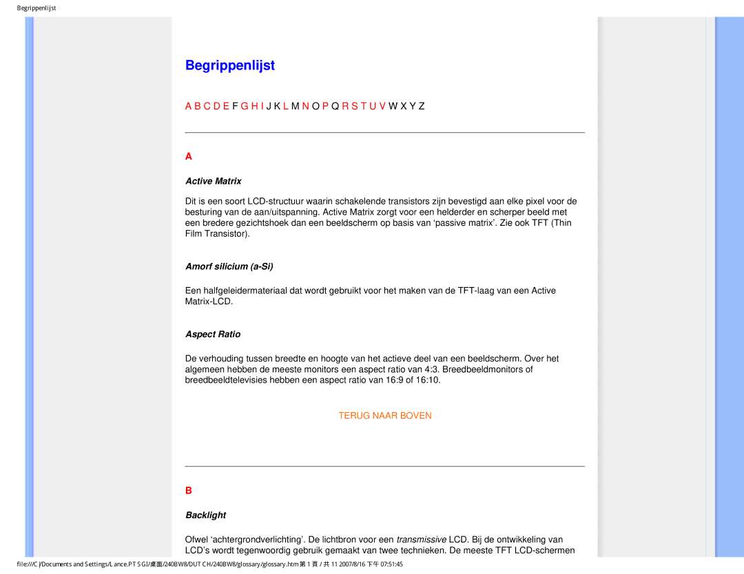 Philips 240BW8 user manual Begrippenlijst, Active Matrix, Amorf silicium a-Si, Aspect Ratio, Backlight 